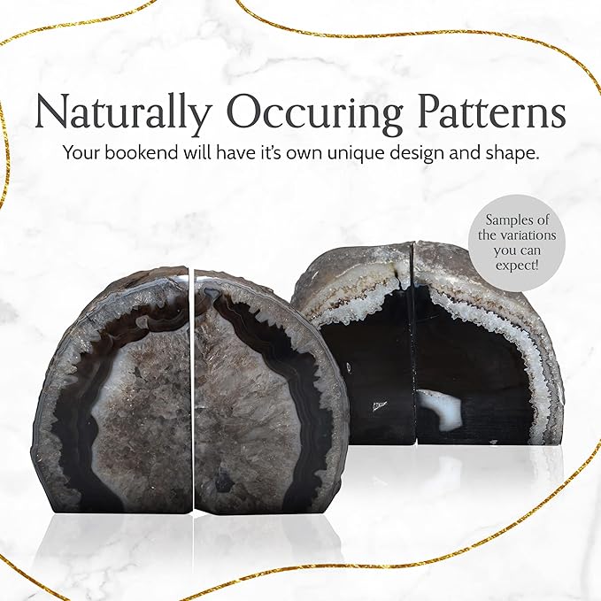 Nature's Decorations A Quality Black Agate Geode Bookends - Heavy Duty with Non-Skid Rubber Bumpers for Shelves, Office, Home Decor - Cool Crystal Stone (1 Pair 3-4 LB)
