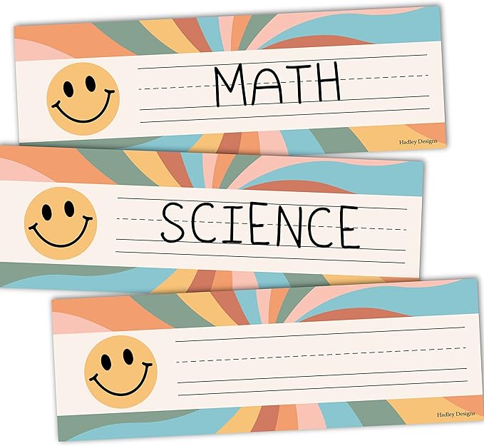 Desk Name Tags for Classroom -25 Student Name Plates for Classroom Kindergarten, Preschool, 1st, 2nd & 3rd Grade, 9x3 Teacher Nameplates for Student Desks & Cubbies, Retro Nametags