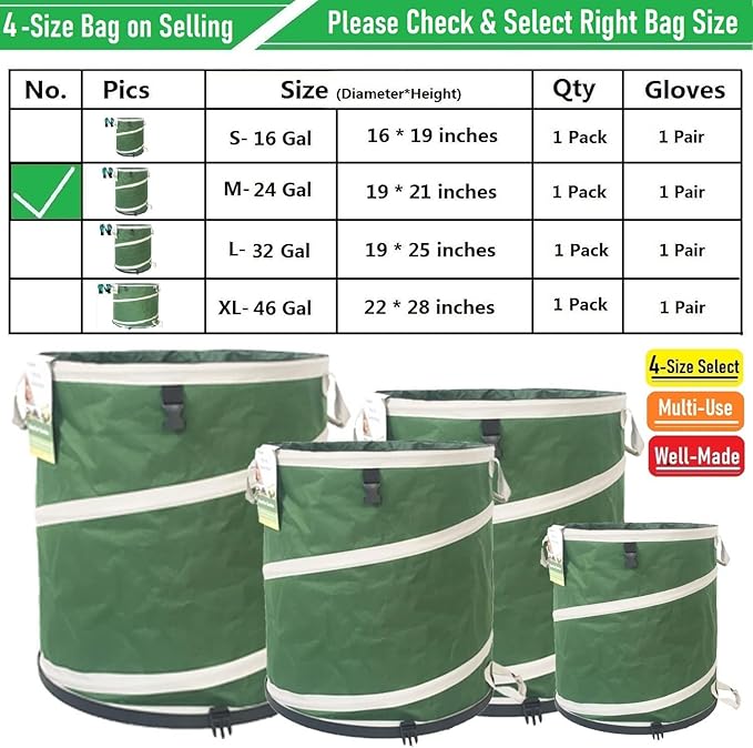 24-Gallon Collapsible Trash Can (19x21 in) Hard-Shell Bottom Leaf Bag,Yard Waste Bags,Garden Debris Bag,RV Camp Waste Bin,Pop-Up Trash Can,Recycling Bin,Laundry Hamper,Lawn Grass Clippings,Weed Barrel