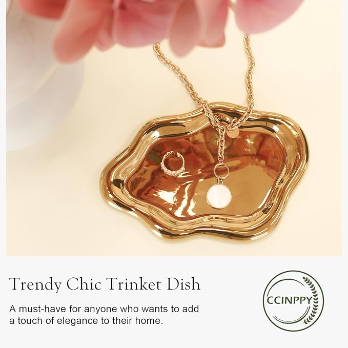 CCINPPY Ceramic Jewelry Tray Trinket Dish, Decorative Cloud Vanity Key Tray for Women, Ring Holder Dish, Cute Jewelry Plate Bowl Room Decor Aesthetic, Gold, Medium
