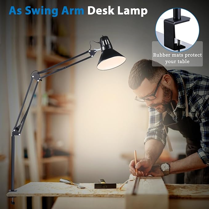 juttilax Swing Arm Desk Lamp for Home Office 360°Adjustable,Tall Metal Clamp on lamp with Bulb,Eye-Caring Clip on Desk Light for Computer Work Study Reading and Drafting
