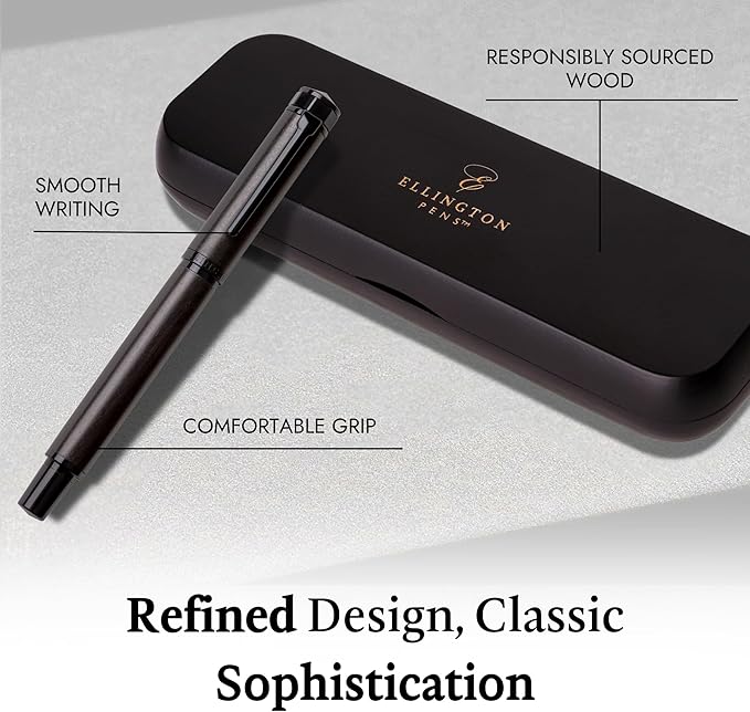 Ellington Pens Luxury Wood Fountain Pen Set – Extra Fine Nib - Includes 6 Ink Cartridges, Wooden Pen Gift Box, Ink Converter - Wood Pen For Writing, Calligraphy, Journaling, Drawing (Ebon Elegance)