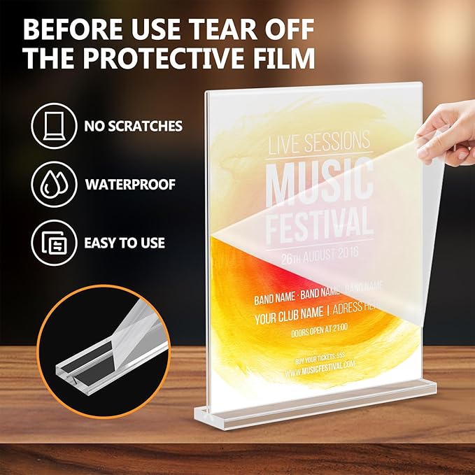 Enayplon Acrylic Sign Holder 8.5 x 11, Double Sided Sign Holder Stand, Plastic 10 Pack Table Paper Stand, Vertical Menu Flyer Stand, T Shape Table Flyer Holder