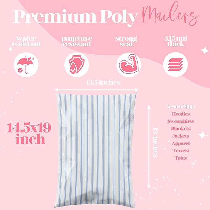 Pretty Package Store 14.5x19 Designer Poly Mailer 100 Pack Heavy Duty Waterproof Self Seal Shipping Bags for Small Business Large Mailing Envelopes Bulk Tear Resistant Packaging Blue Stripe