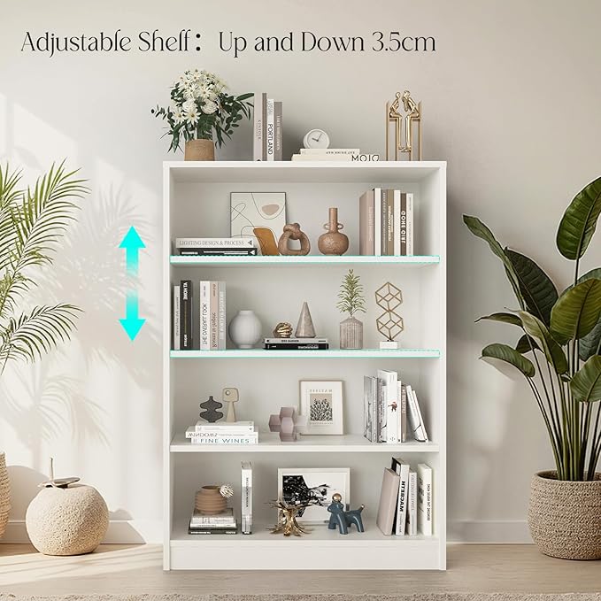 Farini 48 Inch Tall 4-Shelf Bookcase, Wood Bookshelf Storage Organizer Adjustable Shelf for Home Office, Study Room, Easy Assembly,White
