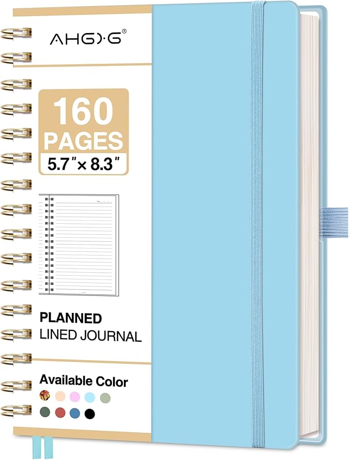 AHGXG Spiral Journal Notebook, 160 Lined Pages, A5 Medium Size (5.7'' x 8.3''), for Men & Women, Journaling, Writing, Work & Office, Hardcover, 100 GSM Thick Paper (Light Blue)