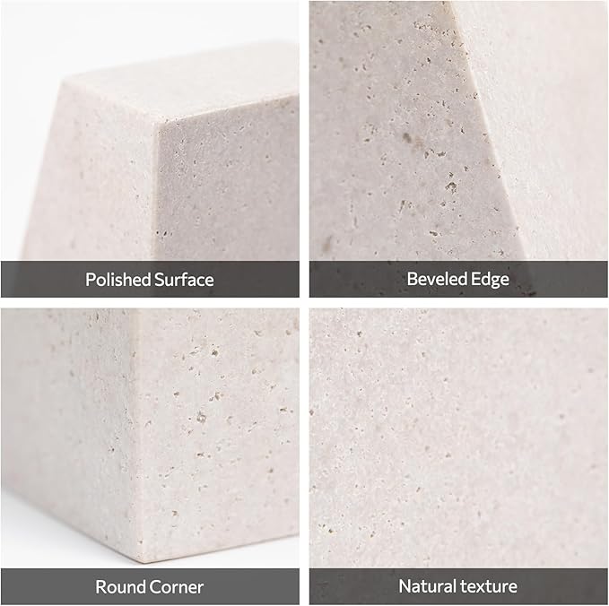 Faticdorr Marble Bookends for Shelves, 11LB Heavy Duty Marble Book Ends for Heavy Books, Stone Bookends Decorative, Polished, Beige Triangular, Set of 2
