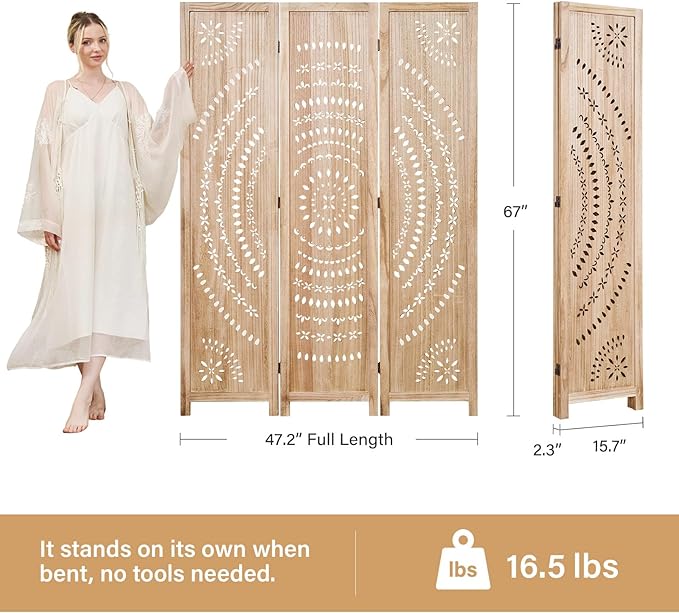 5.6 Ft Folding Room Divider, Portable Privacy Screen & Partition, No Assembly Required for Use as Cat Litter Box Cover, Clutter Hider, Room Separator, 3 Panels (Natural)