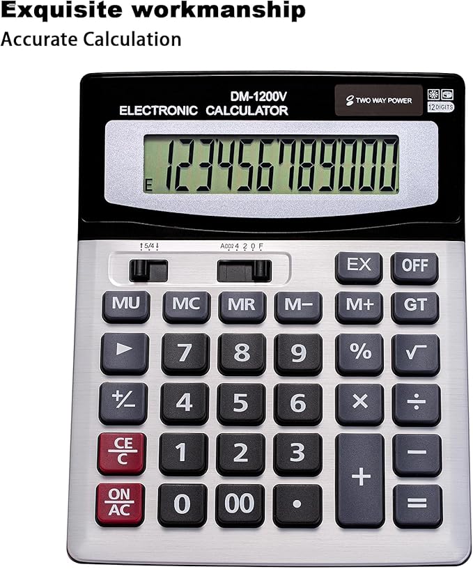 YEBMoo 12 Digit Desktop Calculator with Large LCD Display and Sensitive Button, Dual Solar Power and Battery, Standard Function for Office (YE1200v)