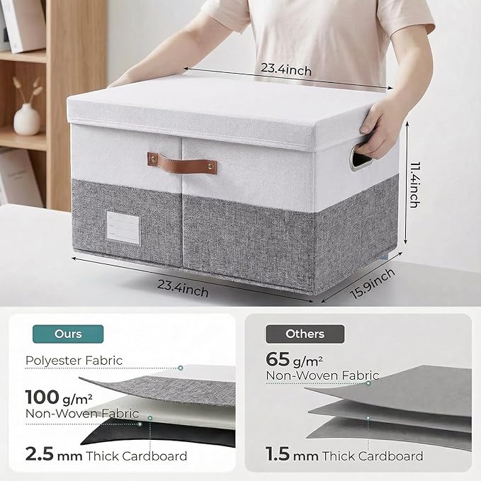 PRANDOM Storage Bins with Lids [3-Pack] Linen Fabric Foldable Storage Boxes Organizer Containers Baskets Cube with Cover for Bedroom Closet Office Grey&White (23.4X15.9X11.4)