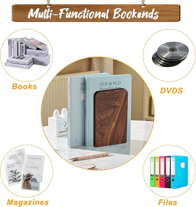 VIVTOB Book Ends, Black Walnut Wooden Bookends for Shelves - Heavy Duty Non-Slip Book Organizers, Upgraded Large Decorative Bookend Holders for Home, Kitchen, Office, Set of 2, Large