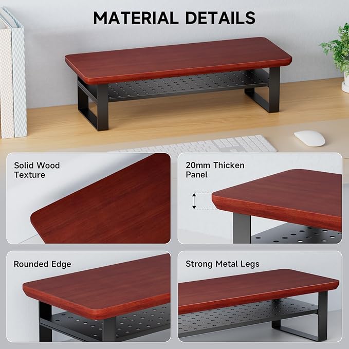 NestNeat Monitor Stand Riser, 24 Inch Computer Monitor Stand for Desk, 2-Tier Wood Desk Shelf Organizer with Storage, Desktop Stand for Laptop/Screen/PC/Printer, Ergonomic Home Office Monitor Stand