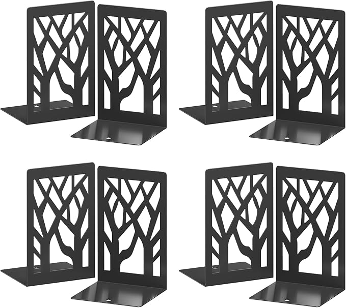 VFINE 8-Piece Metal Bookends for Shelves, Black Tree Book Ends for Books, Decorative Desk Book Organizer, Non-Skid Shelve Bookends for Home Office Shcool Supplies