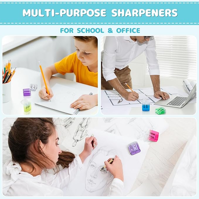 60 Pack Pencil Sharpeners Bulk - Colored Handheld Pencil Crayon Double Hole Sharpener, School Classroom Supplies