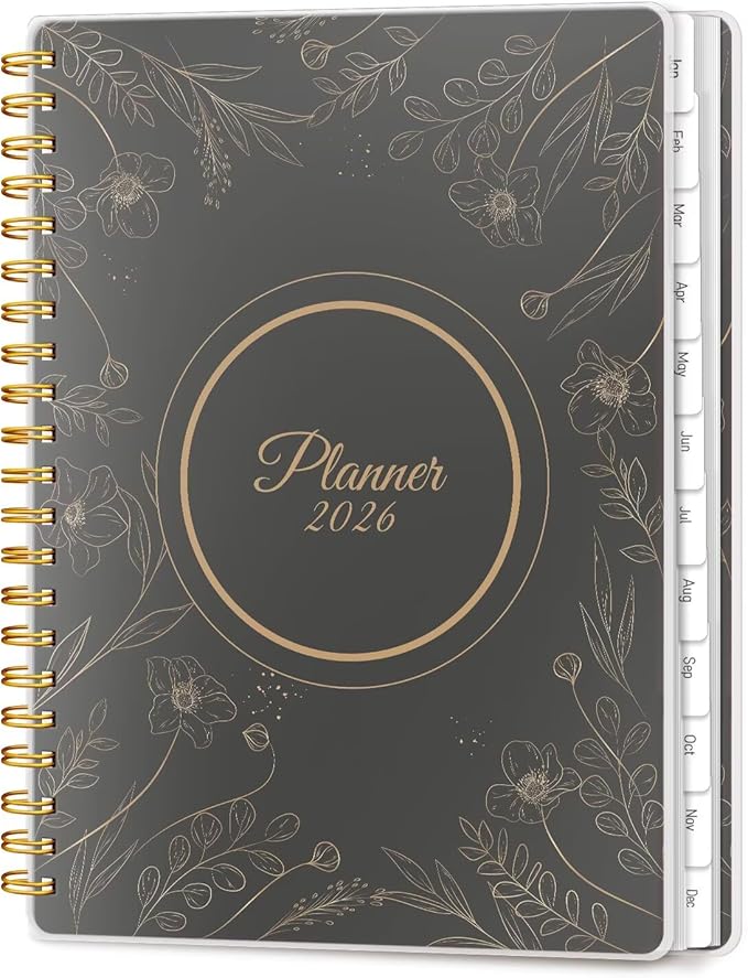 2026 Planner, Weekly and Monthly Planners with Tabs, A5 Spiral Bound Daily Calendar 2026 Planner, 12 Month Agenda Organizers from Jan. to Dec., Flexible Cover Appointment Book(Black Gold Flower)