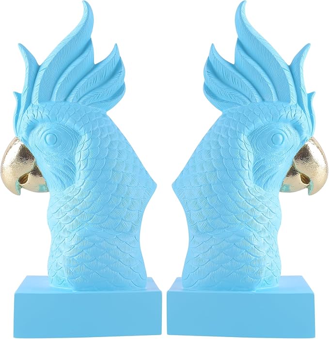 JOOMBE Blue Parrot Decorative Bookends,Set of 2 Cute Bird Animal Sculpture Book Ends to Hold Hevay Duty Books,Unique Resin Statues Book Stopper for Home Office Desk Bookshelf Decor