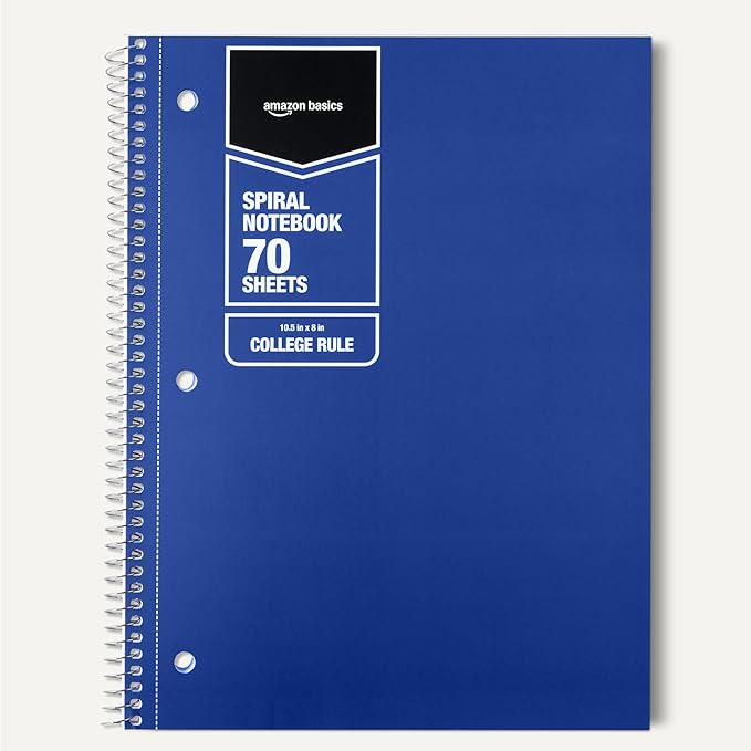Amazon Basics College Ruled Spiral Notebook, 70 Sheets, 8" x 10.5", Assorted Primary Solid Colors, 3 pack