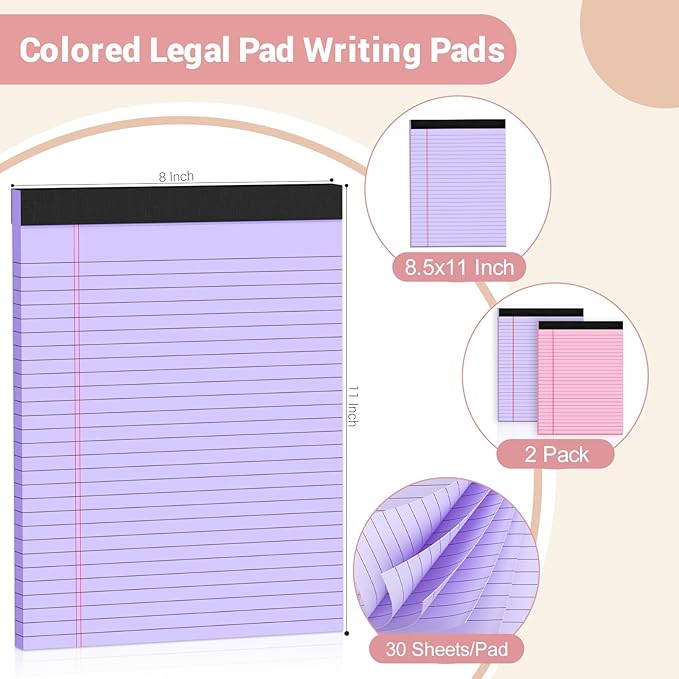 Roneky Legal Pads 8.5 x 11 Colored Note Pads, 2 Pack Notepads 8.5 x 11 Lined Paper, Colored Notebook Paper Writing Pads 30 Sheets per Colored Paper Pads for Purple Legal Pads Home Office School
