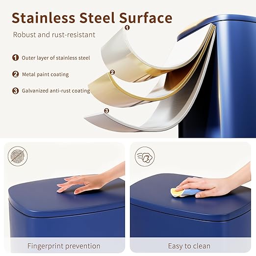 PayLessHere Stainless Steel Trash Can with Lid - Removable Inner Bucket, Foot Pedal Soft Close for Office, Home, Kitchen Garbage Bin (Deep Blue, 13 G)