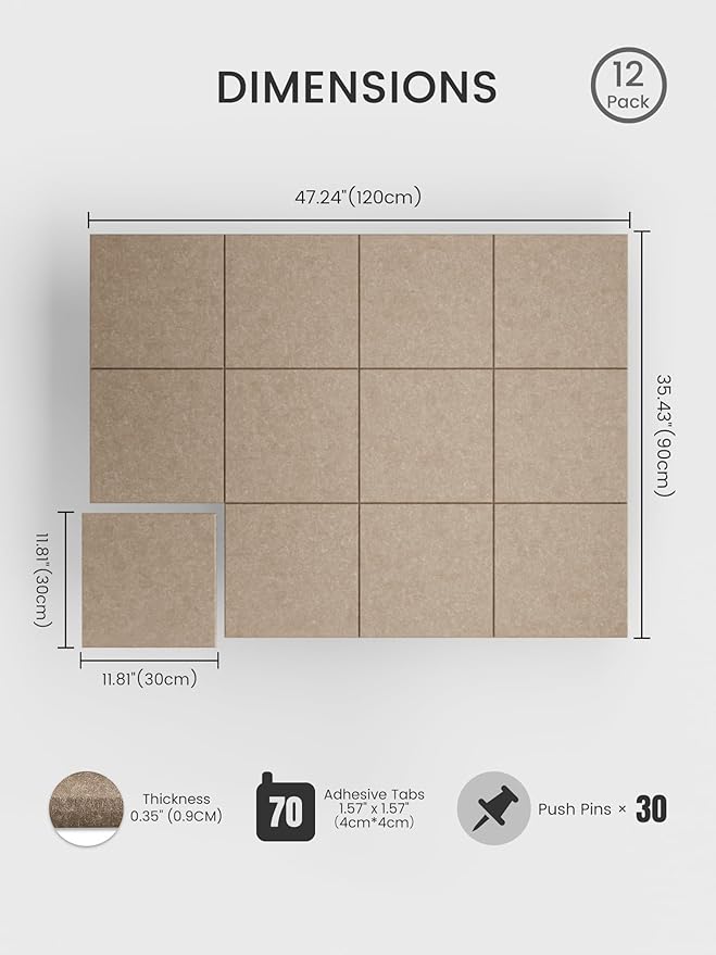 Bumusty Large Cork Board 47"x35" Alternative - 12 Pack Felt Wall Tiles with 70 Safe Removable Adhesive Tabs, 30 Pushpins, Cork Boards for Walls Pin Board Tack Board Cork Board (Dark Camel)