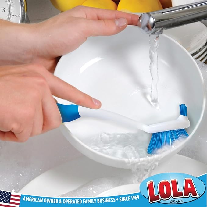 Dish Brush Kitchen Scrubber, 6 Pack, by LOLA, Has Stiff Bristles & Food Scraper, Comfort No-Slip Grip Handle, Safe for Non-Stick & Coated Cookware