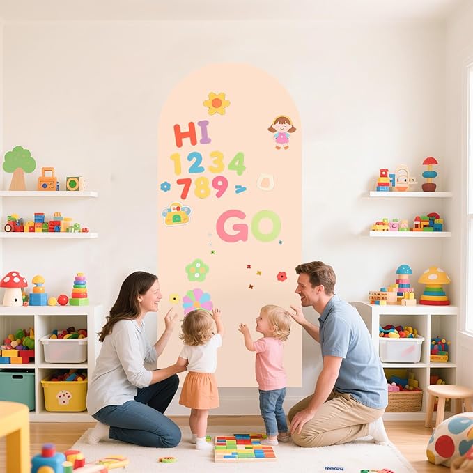 Magnetic Arch Wall Decal for Kids 39.3x17.5 Inch Magnetic Chalkboard Contact Paper for Wall Peel and Stick Self Adhesive Magnet Board Sticker Roll with 36 Letters for Playroom Classroom（Milk Tea）