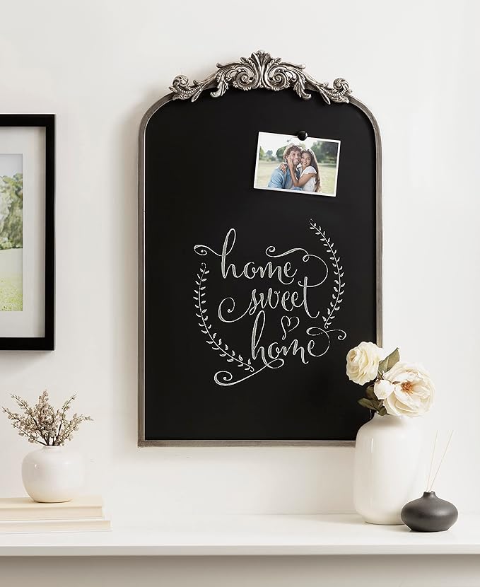 Kate and Laurel Arendahl Arch Chalkboard; Silver; 19 x 31; Framed Arched Ornate Vintage Magnetic Chalkboard for Unique Display; Decoration; and Organization