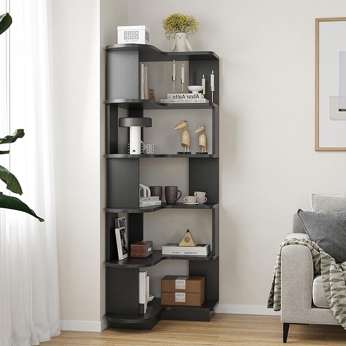 Farini 5-Tier Corner Bookshelf,L-Shaped Bookcase Freestanding Storage Shelf & Display Stand for Living Room, Office, Bedroom,Black