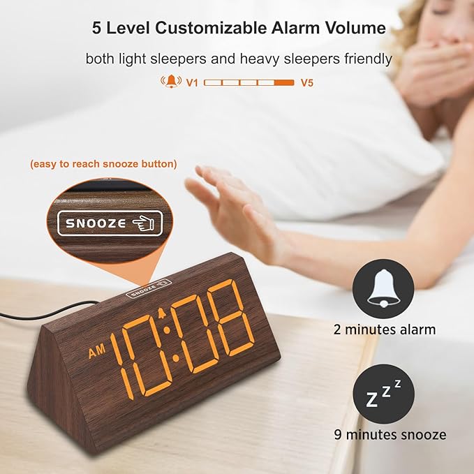 DreamSky Wooden Digital Alarm Clocks for Bedrooms - Electric Desk Clock with Large Numbers, USB Port, Loud Alarm for Heavy Sleepers, Adjustable Volume, Dimmer, Snooze, DST, Wood Décor, Adapter Powered