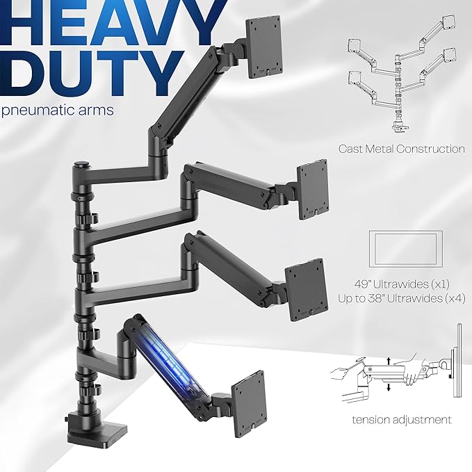 VIVO Pneumatic Arm Quad Ultrawide Monitor Extra Tall Desk Mount for Up to 49 inch Screens Individual Arm Capacity, Max 38 inch Screens for 4 Ultra Wides Up to 44 lbs, Black, STAND-V400D