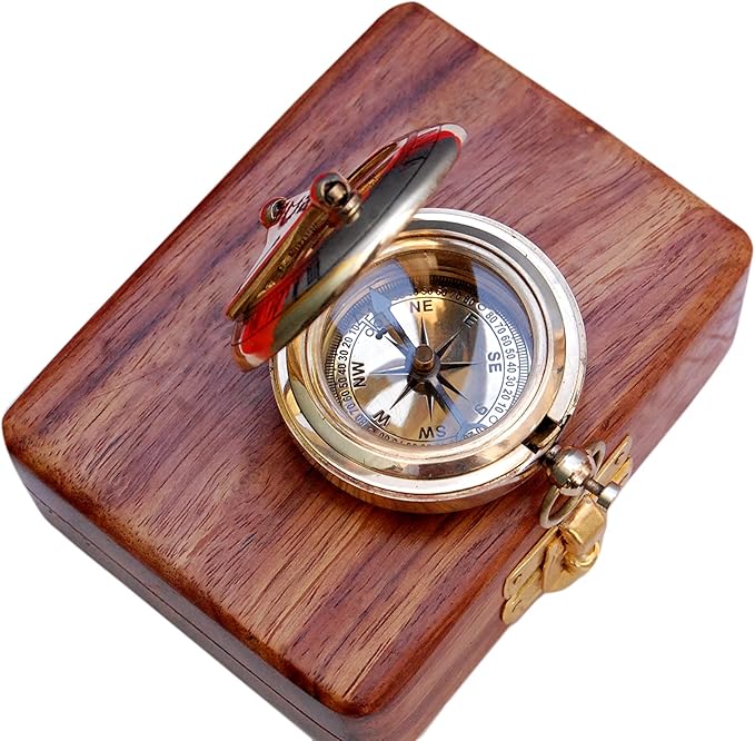 Bazross Brass Nautical Compass with Wooden Case - Antique Brass & Copper Sun Clock for Camping, Hiking, Touring - Engraved Gift for Him - Nautical Clock - Compass Gift