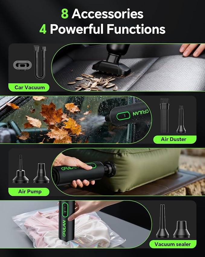 Cfulan Car Vacuum Portable Cordless, 21KPa 4-in-1 Handheld Mini Vacuum Cleaner with 8 Attachments, 3 Suction Modes, One-Touch Empty, Type-C Charge, Hand Vacuum for Car, Home, Keyboard, Small Job