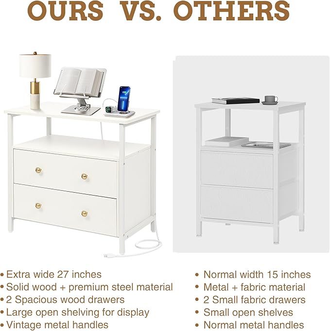 Edbuosy 27 inch Wide Night Stand with Charging Station, Bedside Table with Open Shelf, 2 Drawers Small Wood Dresser, Modern Wood Nightstand for Bedroom/Living Room (White)