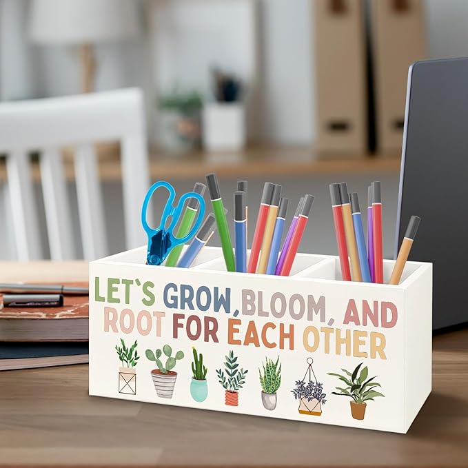 URLLUAE Boho Plant Classroom Wooden Pen Pencil Holder for Office Desk Accessories, Back to School Supplies for Students College Boys Girls Teachers First Day of School, Let's Root for Each Other