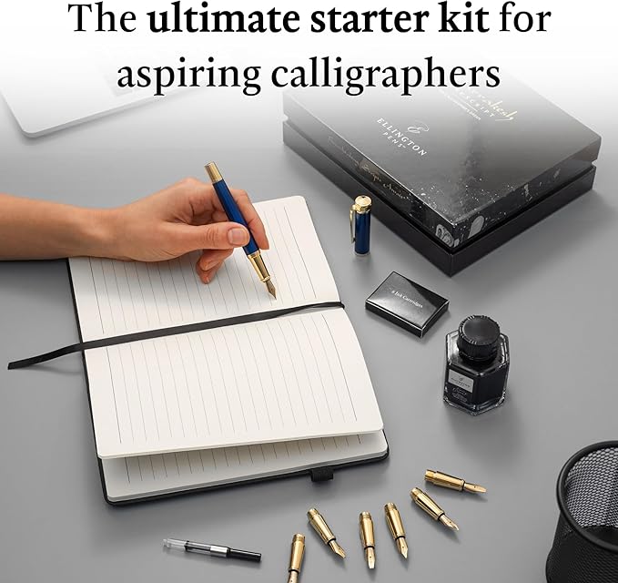 Ellington Pens Luxury Calligraphy Set - Premium Fountain Pen with 6 Nibs, 50 ml Black Ink Bottle, 6 Cartridges, Converter, Elegant Gift Box – Perfect for Drawing, Writing, Gifting (Nautilus)