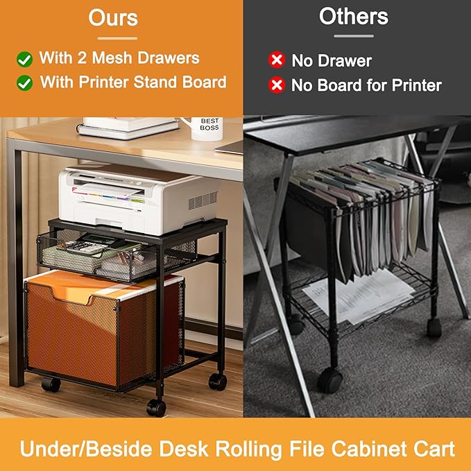 Rolling File Cabinet Cart, Printer Stand with Storage Drawer, Mobile Filing Cabinet on Lockable Wheel, Printer Cart with Hanging File Folder Organizer Beside Under Desk for Office Home(Patent Pending)