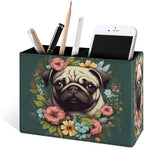 Famame Vintage Flowers Around Pug Pencil Holder for Desk, Leather Desktop Container Pen Cup Storage Study Table Pen Organizer Makeup Brush Holder for Classroom Office Home