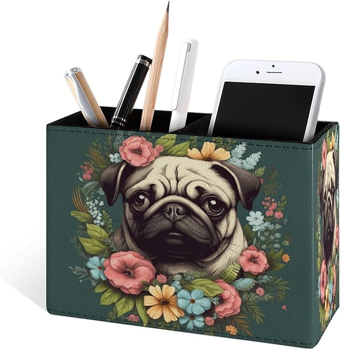 Famame Vintage Flowers Around Pug Pencil Holder for Desk, Leather Desktop Container Pen Cup Storage Study Table Pen Organizer Makeup Brush Holder for Classroom Office Home