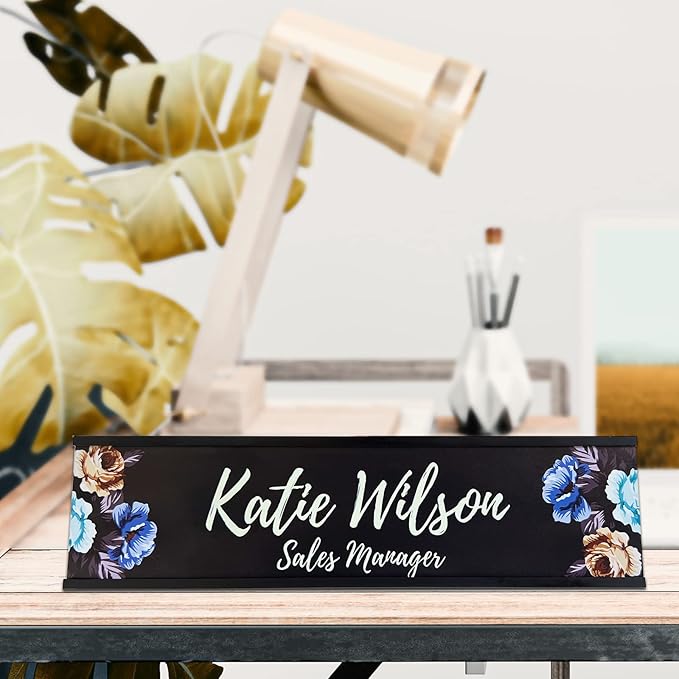 2" x 8" Custom Name Plate for Desk, Office Aluminum Desk Name Plate Personalized with Pretty Roses Pattern-(5 Styles)