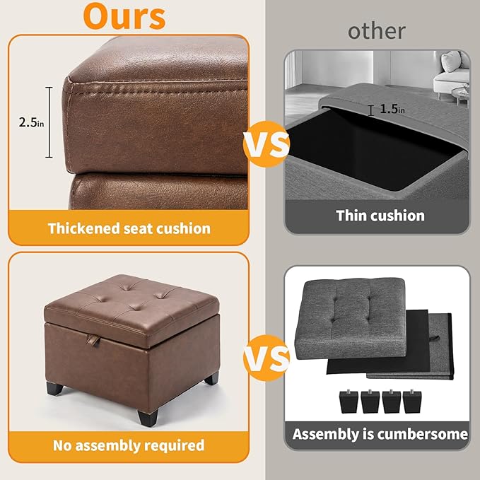 Asense 17 Inch Storage Ottoman Foot Rest,Square Faux Leather Foot Stool,Small Ottoman with Storage,Padded Seat for Entryway,Living Room,Bedroom,Couch,Under Desk,Rust Brown