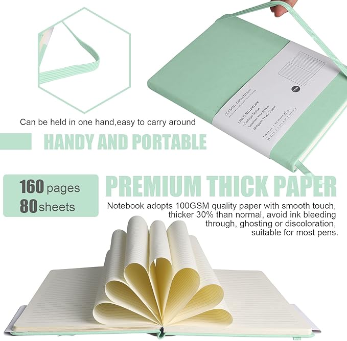 EMOMAS Lined Journal Notebook, 10Pack Hardcover Notebook for Men & Women – Journals for Writing, Work, School, Home & Daily Notes, 160 Pages – Medium A5, 5.7"x8", 100 gsm Thick Paper (Eggshell Green)