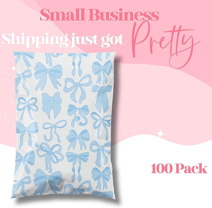 Pretty Package Store 6x9 Designer Poly Mailer 100 Pack Heavy Duty Waterproof Self Seal Shipping Bags for Small Business Large Mailing Envelopes Bulk Tear Resistant Packaging Blue Bows