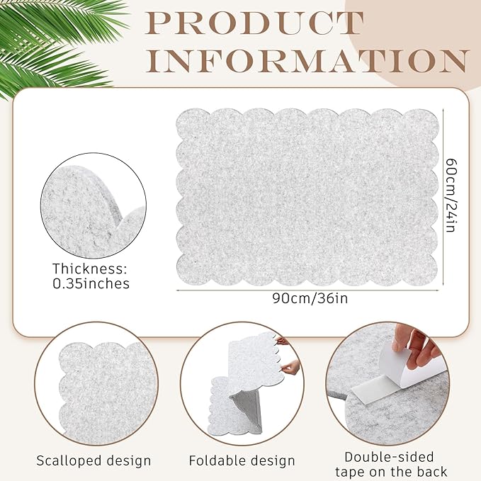 Mooliwe Scalloped Felt Bulletin Board 36 x 24 Inches Foldable Light Gray Pin Cork Board Alternative for Wall, 3' x 2' Trifold Picture Vision Self Adhesive Bulletin Decorative