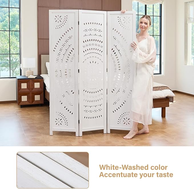 5.6 Ft Folding Room Divider, Portable Privacy Screen & Partition, No Assembly Required for Use as Cat Litter Box Cover, Clutter Hider, Room Separator, 3 Panels (White)