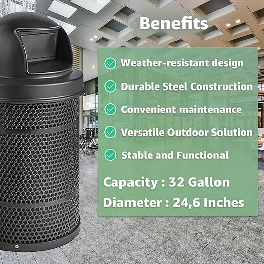 Zedfire 32 Gallon Perforated Waste Bin with Plastic Dome Lid, Steel Outdoor Heavy-Duty Commercial Trash Can, Round Recycle Container, Durable Garbage Can for Parks, Municipalities, Parking, Schools