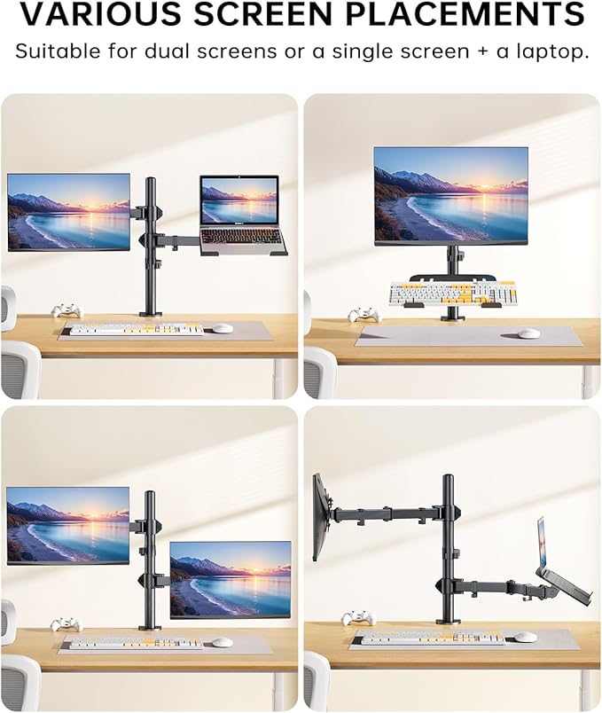 H&C(hcck&Cllassp) Monitor and Laptop Mount Stand for 13" to 32" Screens, Adjustable Monitor Arm Stand with Tray for 11-17” Laptop, Holds 18lbs/Arm, C-Clamp, 75x75/100x100 VESA