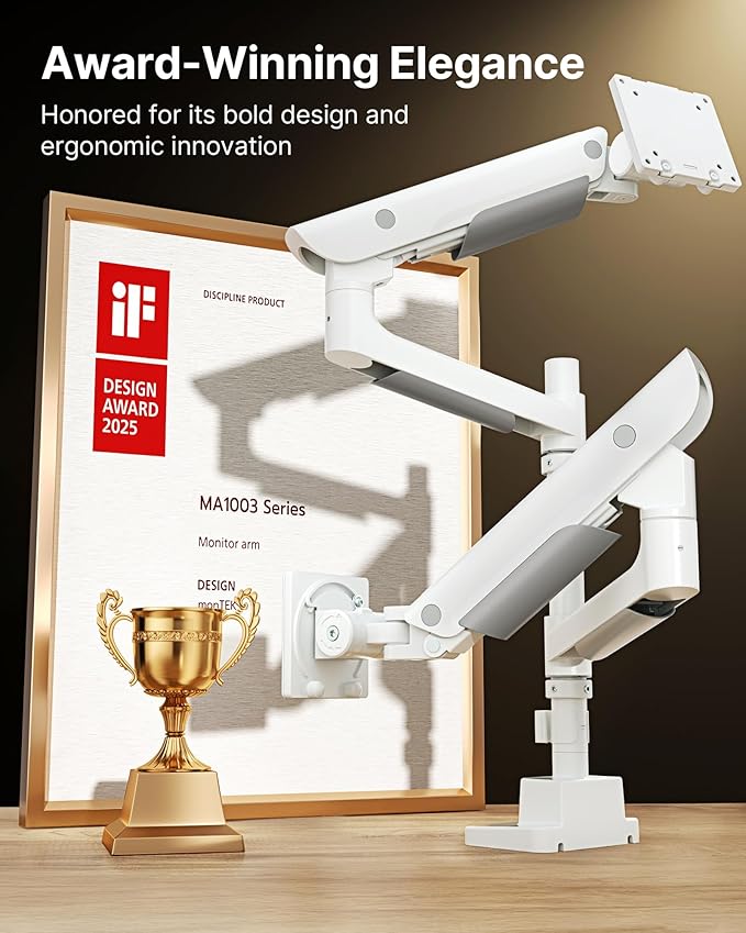 monTEK Sleek Aluminum Monitor Arm for 17–57” Ultrawide Screens up to 59.4 lbs, USB 3.0 A/C, Heavy Duty Dual Monitor Arm Desk Mount, Pneumatic Lift, Quick-Release Plate, Clamp/Grommet, max VESA 100x100