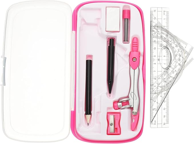 PATIKIL Geometry Precision Tool Set, 11 Pcs Geometry Set Compass Tool with Shatterproof Storage Box Rulers Math Compass Kit for Math Drafting Supplies, Rose Red(Style 2)