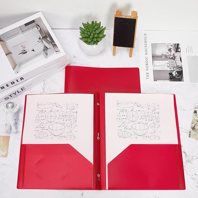Lincia 100 Pcs Plastic Folders with Pockets and Prong Folders with Prongs 2 Pockets for Office, School for Students, Teachers, Office Workers(Red)