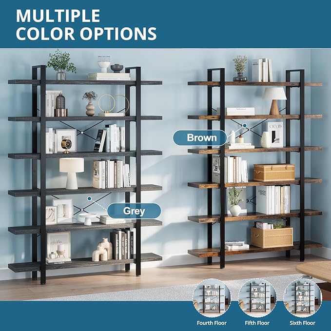 FURSUN Heavy Duty 5 Tier Bookcase, 70-in Tall Industrial Modern Large Bookshelf, Wood Farmhouse Bookcases Book Shelves and Metal Frame for Office, Bedroom, Living Room, Grey